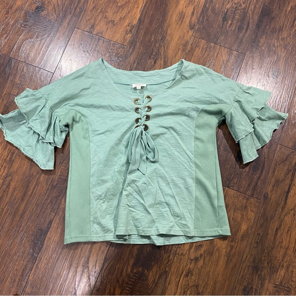 Umgee USA Womens Blouse Green Bell Sleeve Ruffles Top S